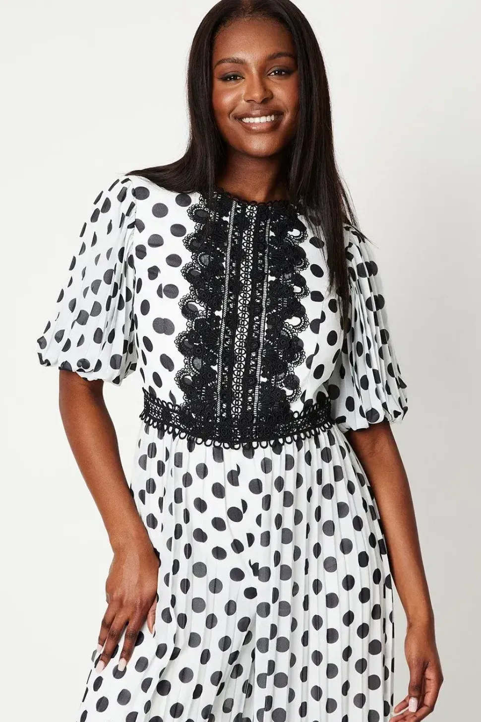 Lace Trim Polkadot Jumpsuit With Pleated Leg