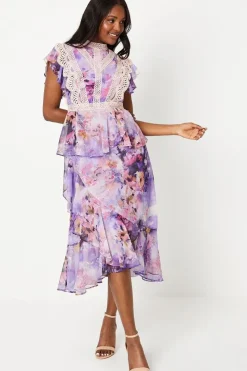 Lace Trim Ruffle Skirt Chiffon Midi Dress
