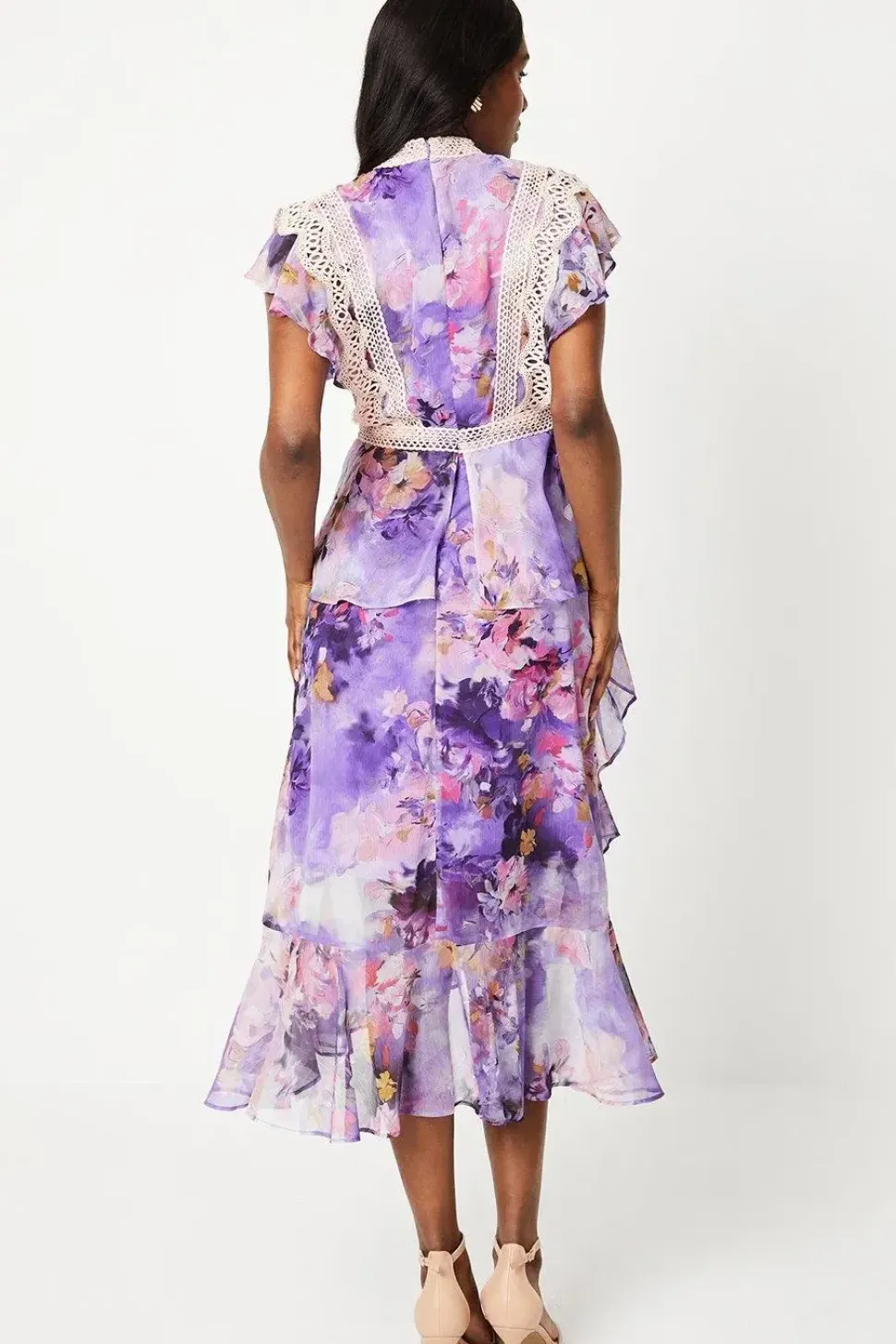 Lace Trim Ruffle Skirt Chiffon Midi Dress