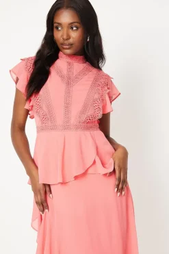 Lace Trim Ruffle Skirt Chiffon Midi Dress