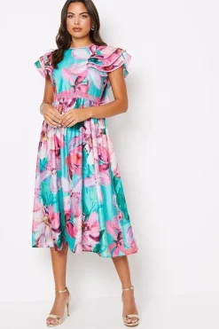 Lace Trim Ruffle Sleeve Printed Midi Dress