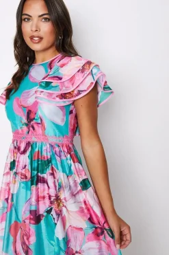 Lace Trim Ruffle Sleeve Printed Midi Dress