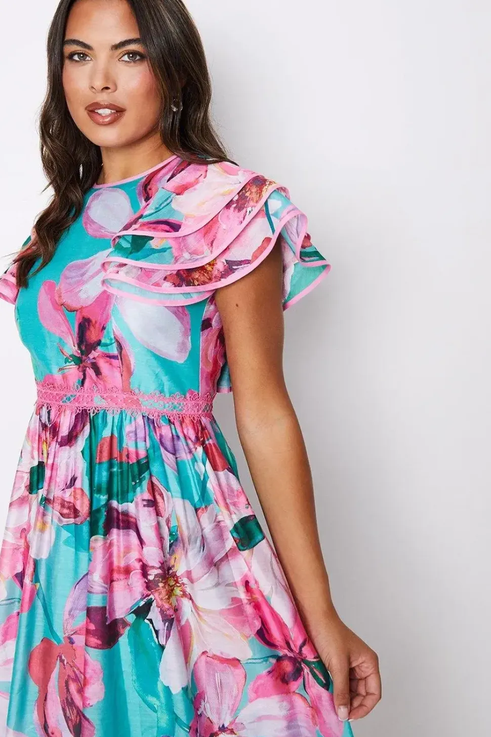 Lace Trim Ruffle Sleeve Printed Midi Dress
