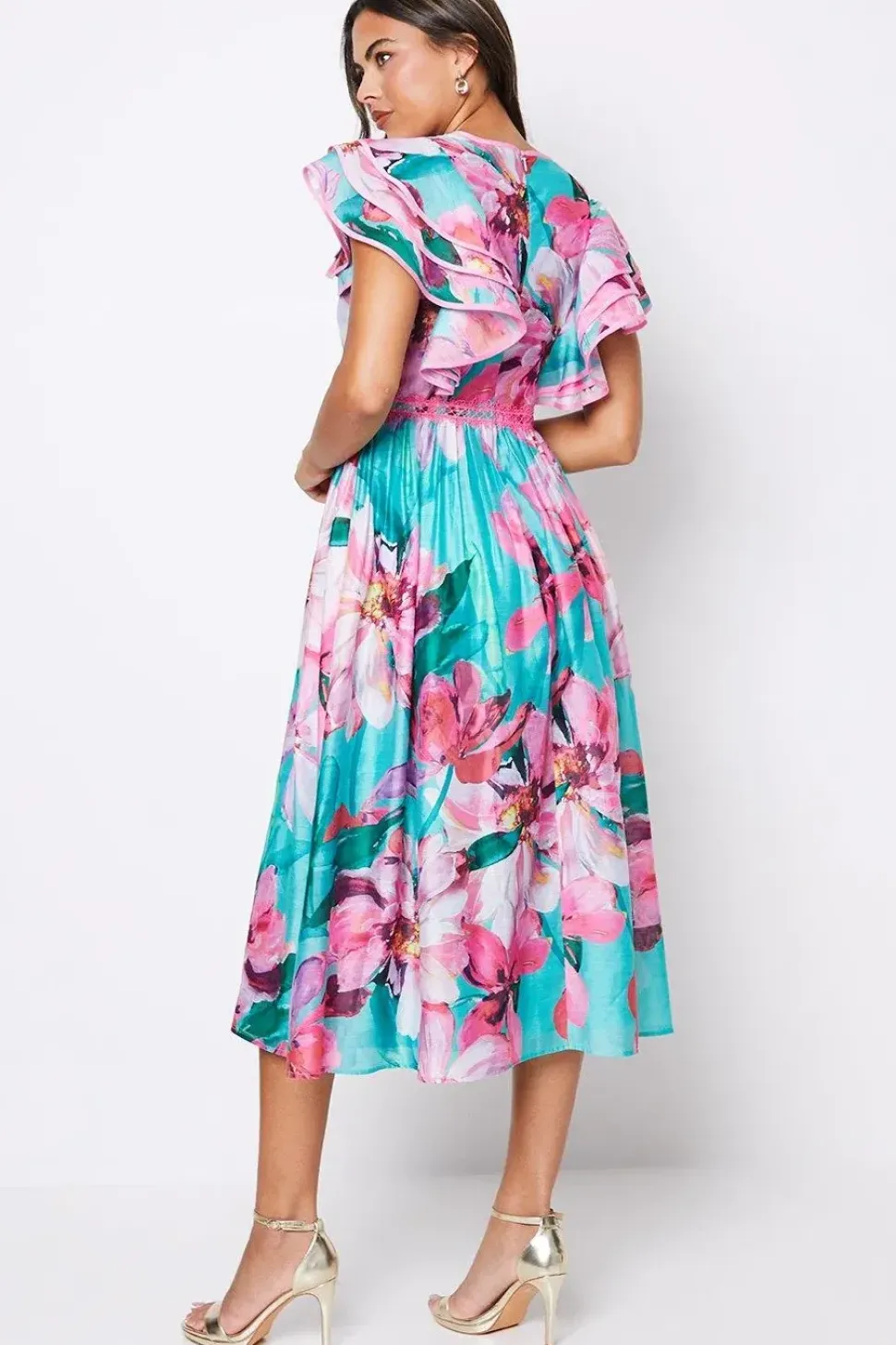 Lace Trim Ruffle Sleeve Printed Midi Dress