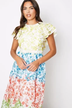 Lace Trim Ruffle Sleeve Printed Midi Dress