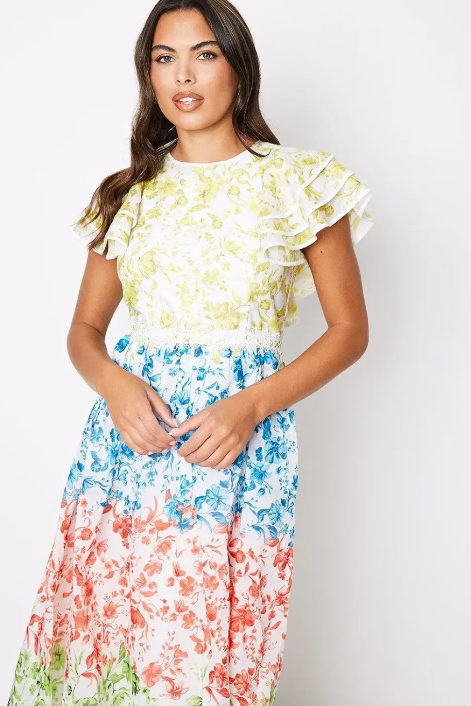 Lace Trim Ruffle Sleeve Printed Midi Dress