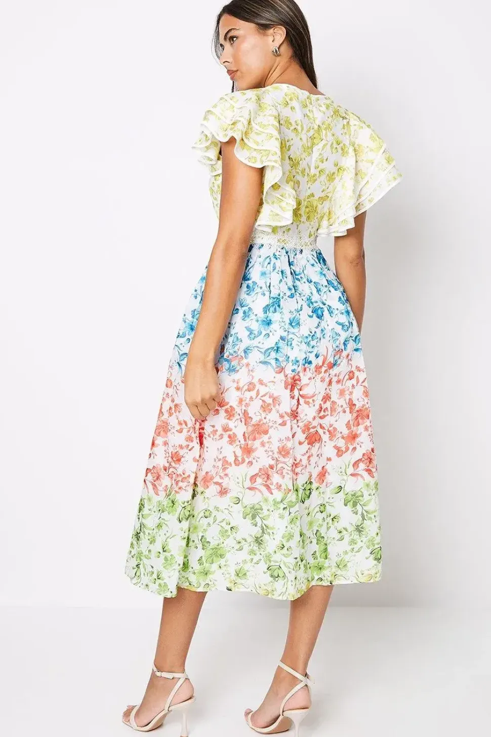 Lace Trim Ruffle Sleeve Printed Midi Dress