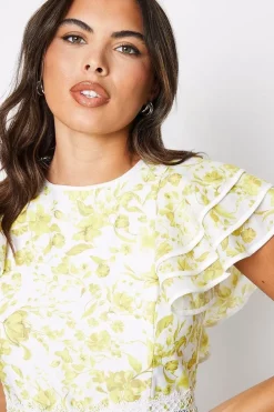 Lace Trim Ruffle Sleeve Printed Midi Dress