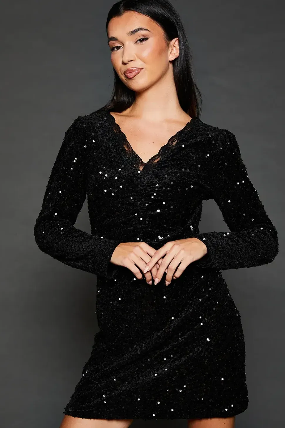 Lace Trim Sequin Mini Dress