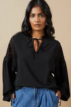 Lace Trim Tie Neck Crepe Blouse