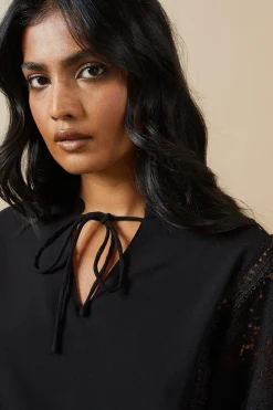 Lace Trim Tie Neck Crepe Blouse