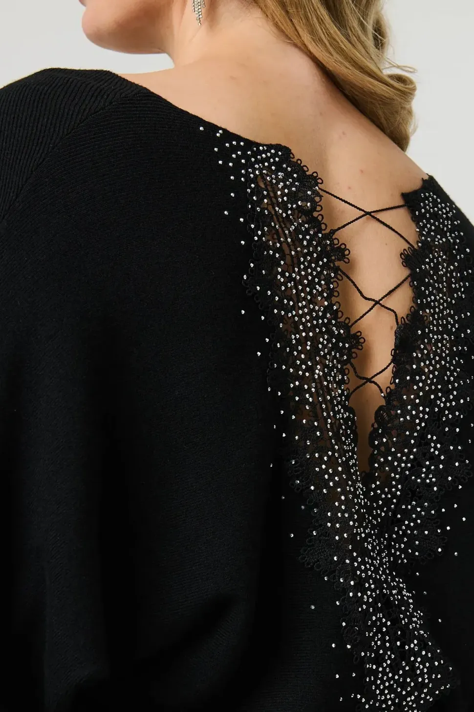 Lace Trim V-Back Boat Neck Jumper Top