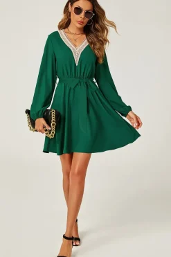 Lace Trim V Neck Mini Dress In Green
