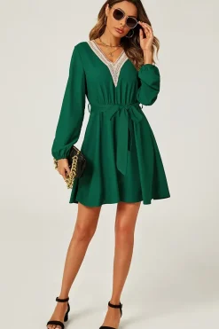 Lace Trim V Neck Mini Dress In Green