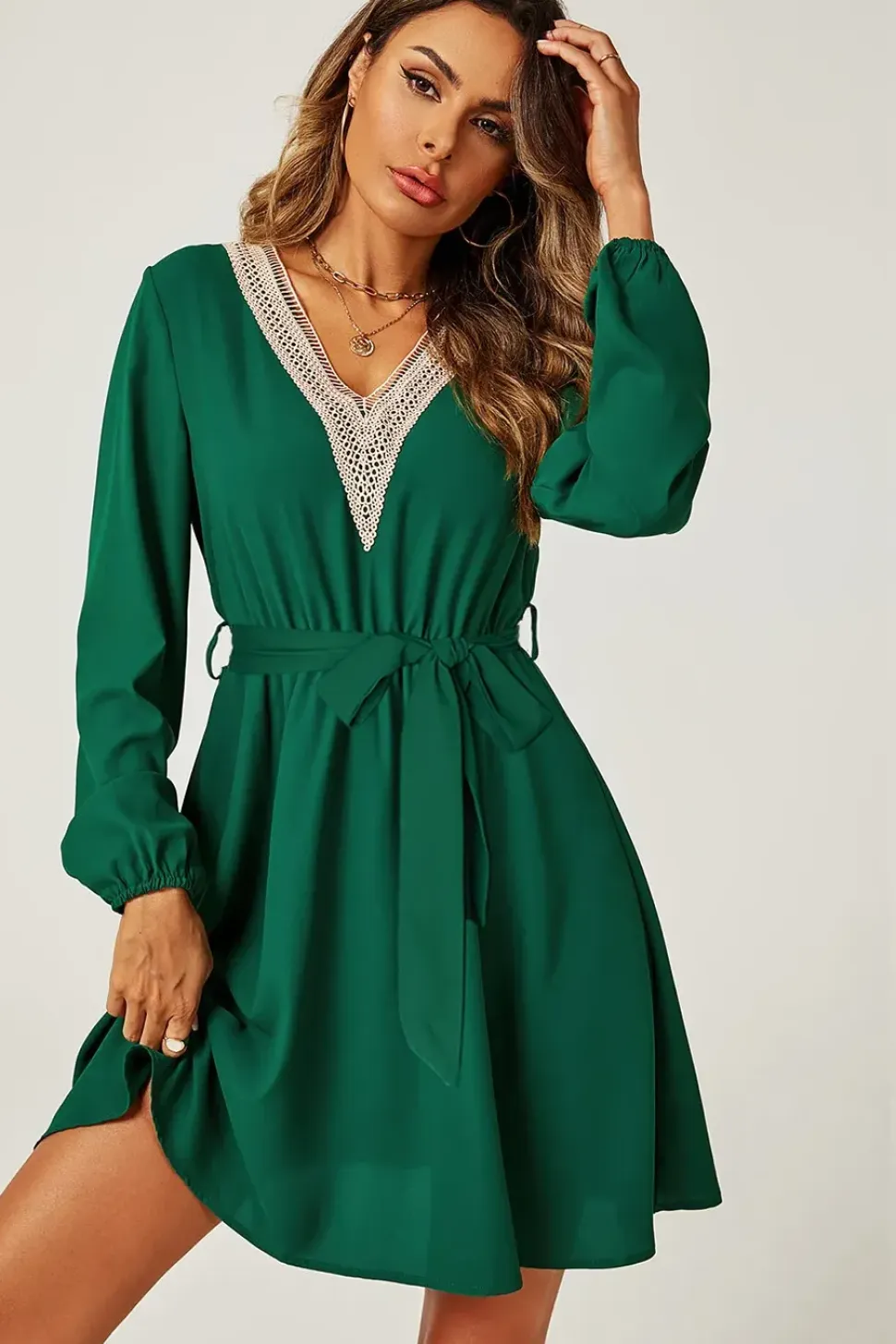 Lace Trim V Neck Mini Dress In Green