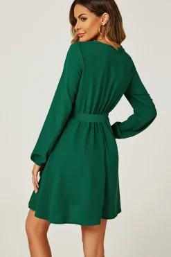 Lace Trim V Neck Mini Dress In Green