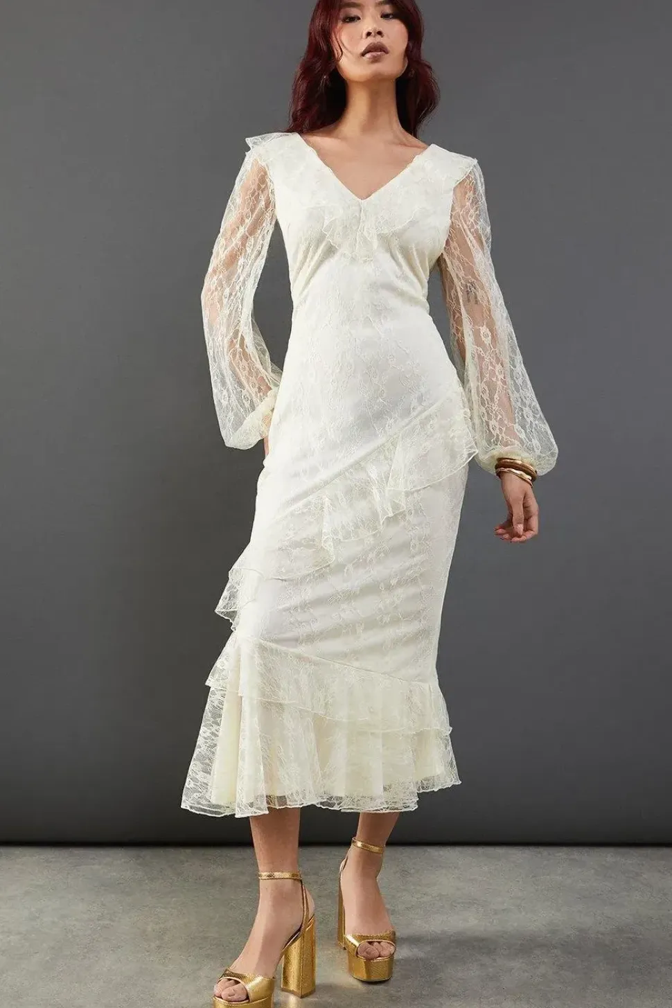 Lace V Neck Ruffle Midi Dress