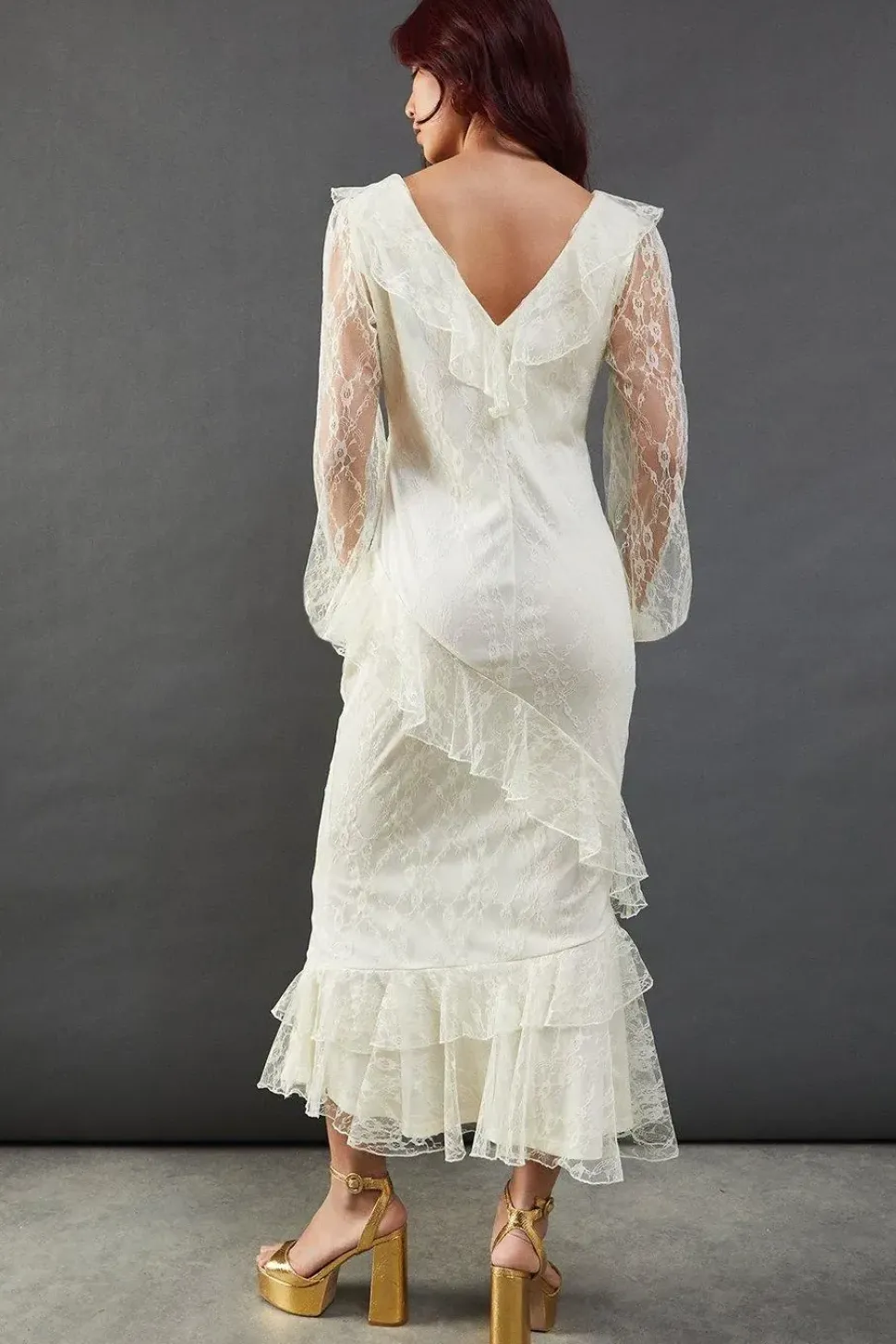 Lace V Neck Ruffle Midi Dress