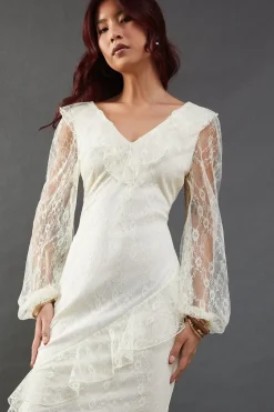 Lace V Neck Ruffle Midi Dress