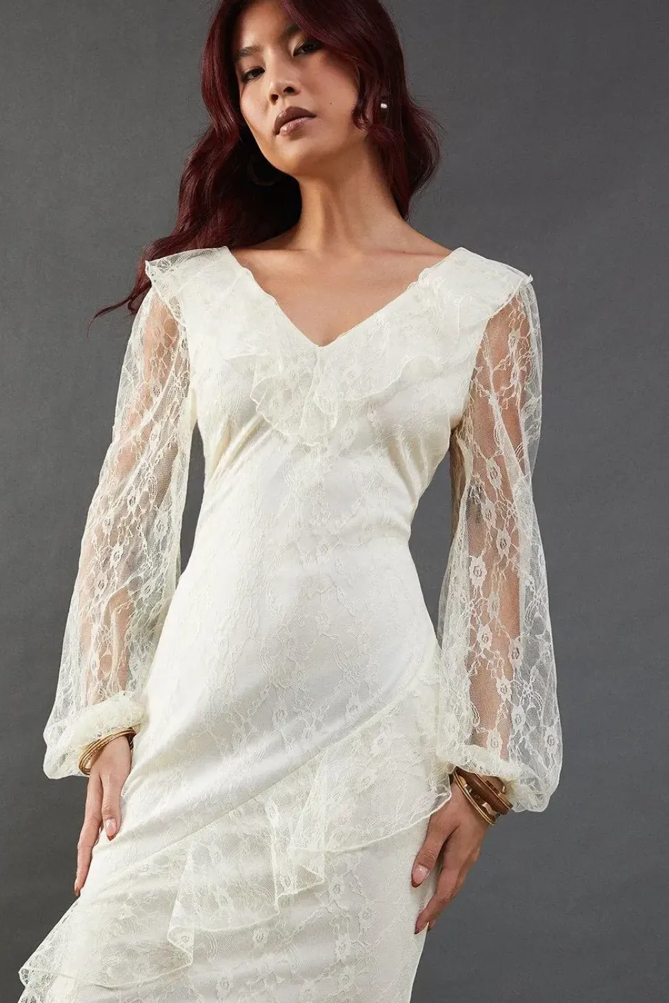 Lace V Neck Ruffle Midi Dress