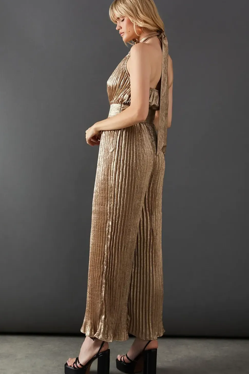 Lame Metallic High Neck Pleated Jumpsuit