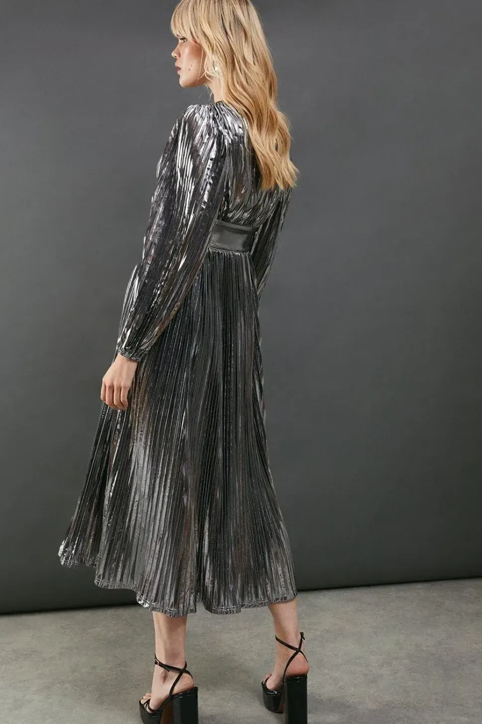 Lame Metallic Plunge Neck Pleated Midi Dress