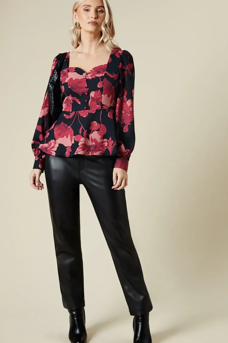 large pink floral button front blouse