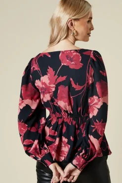large pink floral button front blouse