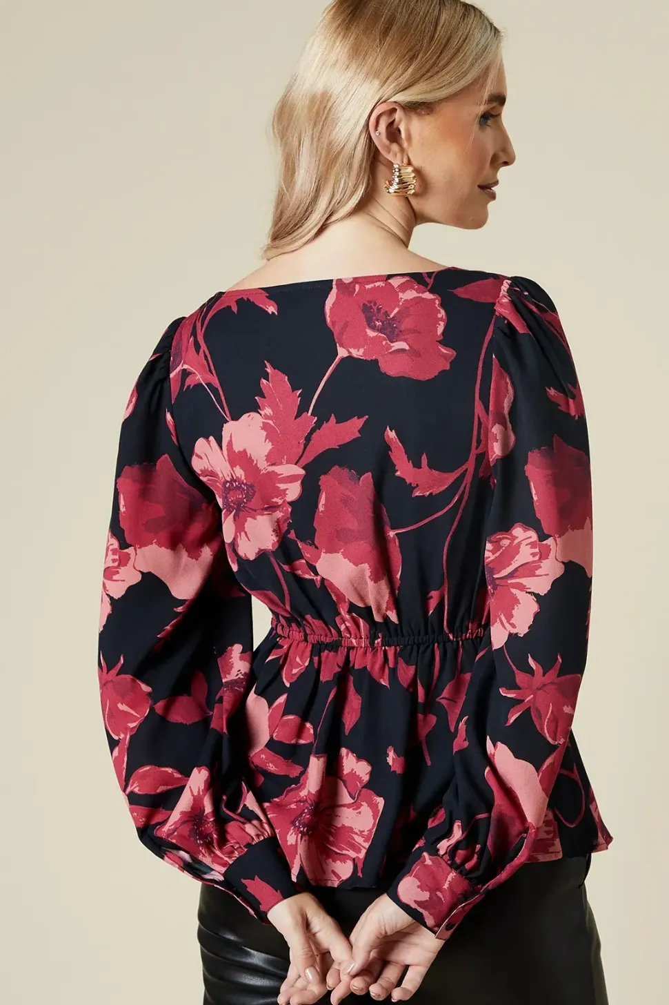 large pink floral button front blouse