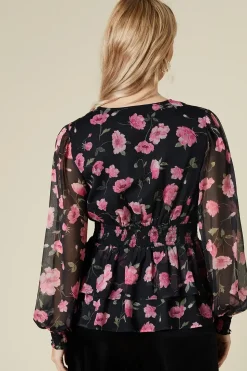 Large Pink Floral Button Front Double Ruffle Chiffon Blouse