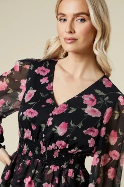 Large Pink Floral Button Front Double Ruffle Chiffon Blouse