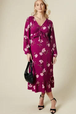 Large Pink Floral Tie front ruffle bust long sleeve midi dress