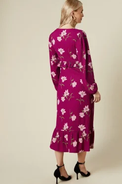 Large Pink Floral Tie front ruffle bust long sleeve midi dress