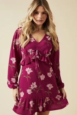 Large Pink Floral Tie Front Ruffle Bust Long Sleeve Mini Dress