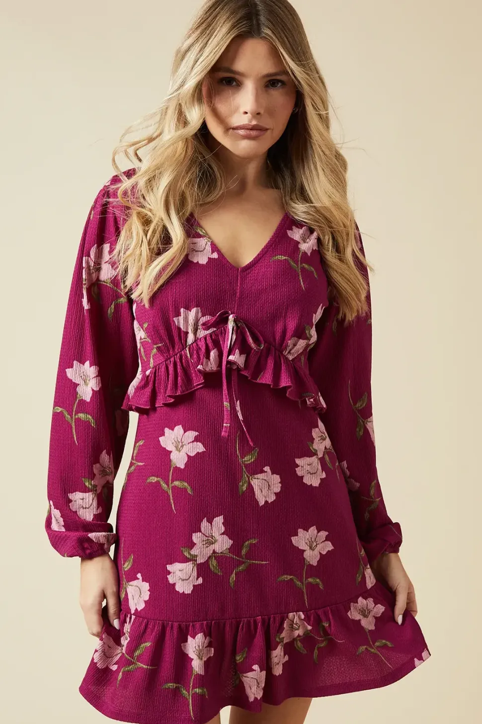 Large Pink Floral Tie Front Ruffle Bust Long Sleeve Mini Dress