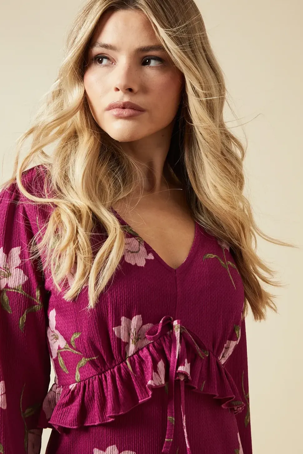 Large Pink Floral Tie Front Ruffle Bust Long Sleeve Mini Dress