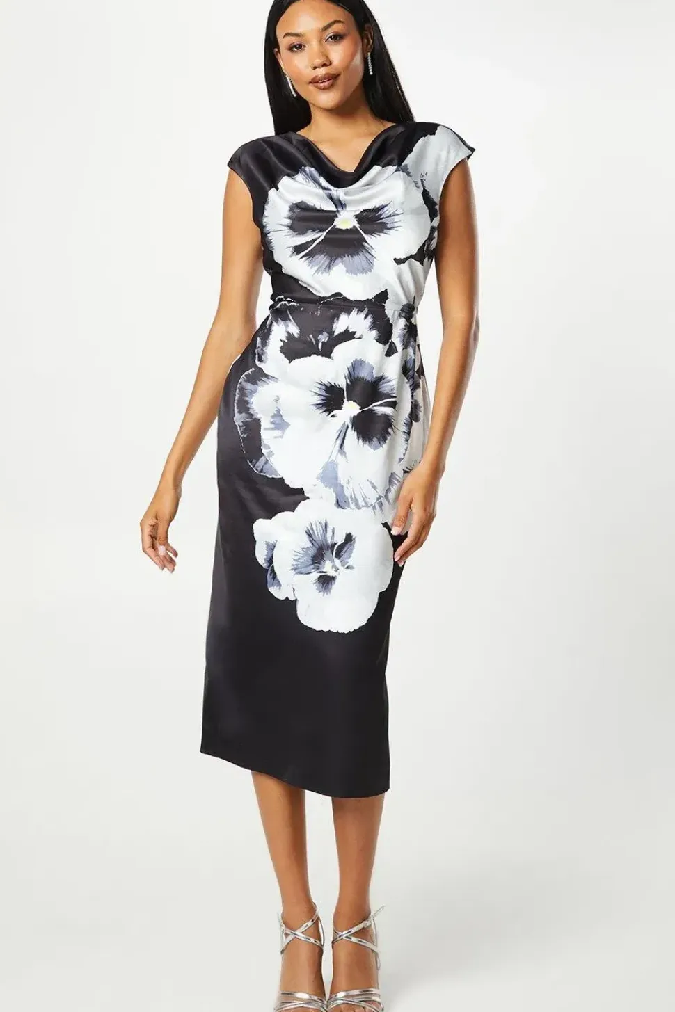 Large Scale Floral Print Cowl Neck Midi Wedding Guest Dress
