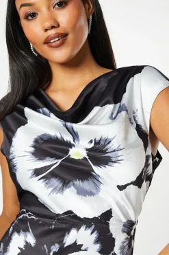 Large Scale Floral Print Cowl Neck Midi Wedding Guest Dress
