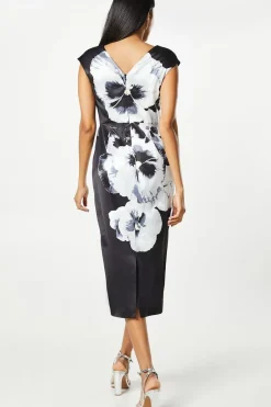 Large Scale Floral Print Cowl Neck Midi Wedding Guest Dress