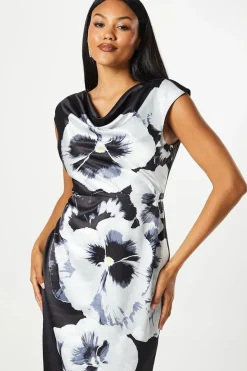 Large Scale Floral Print Cowl Neck Midi Wedding Guest Dress
