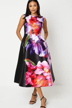 Large Scale Floral Print Satin Twill Midi Dress