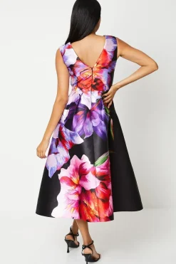Large Scale Floral Print Satin Twill Midi Dress