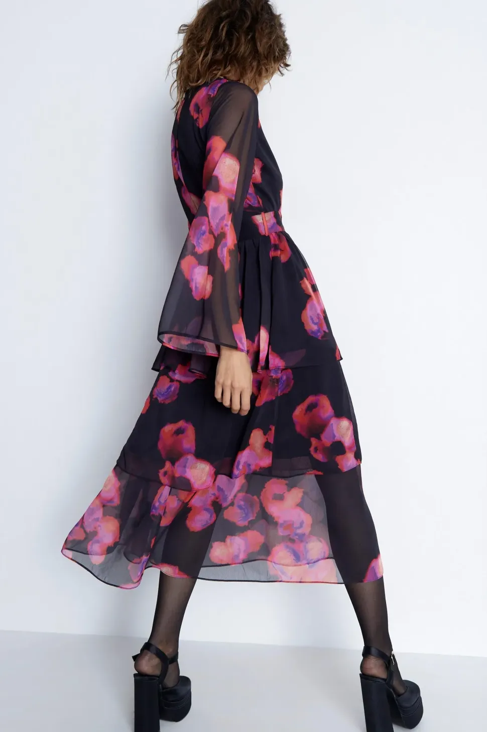 Layered Chiffon Belted Midi Dress