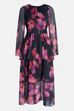 Layered Chiffon Belted Midi Dress