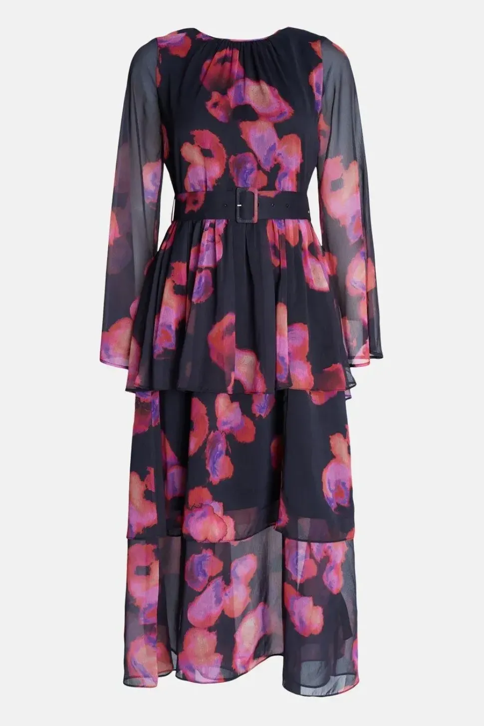 Layered Chiffon Belted Midi Dress
