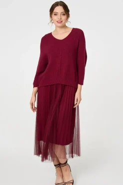 Layered Knit Top Mesh Pleated Midi Dress