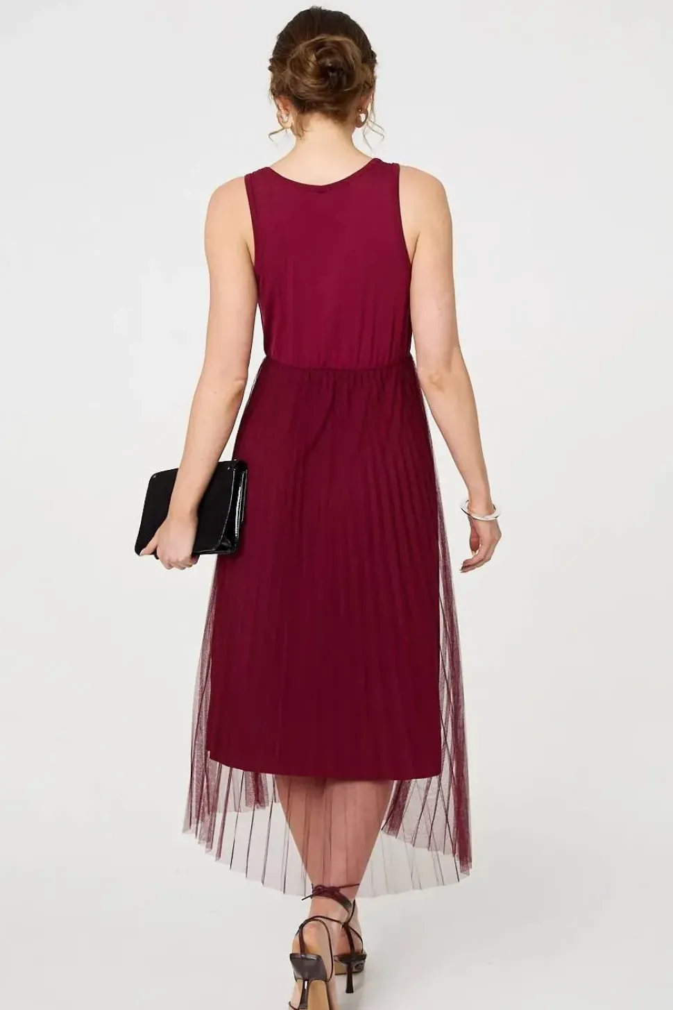Layered Knit Top Mesh Pleated Midi Dress