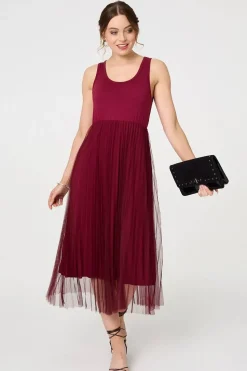Layered Knit Top Mesh Pleated Midi Dress
