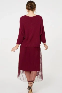 Layered Knit Top Mesh Pleated Midi Dress