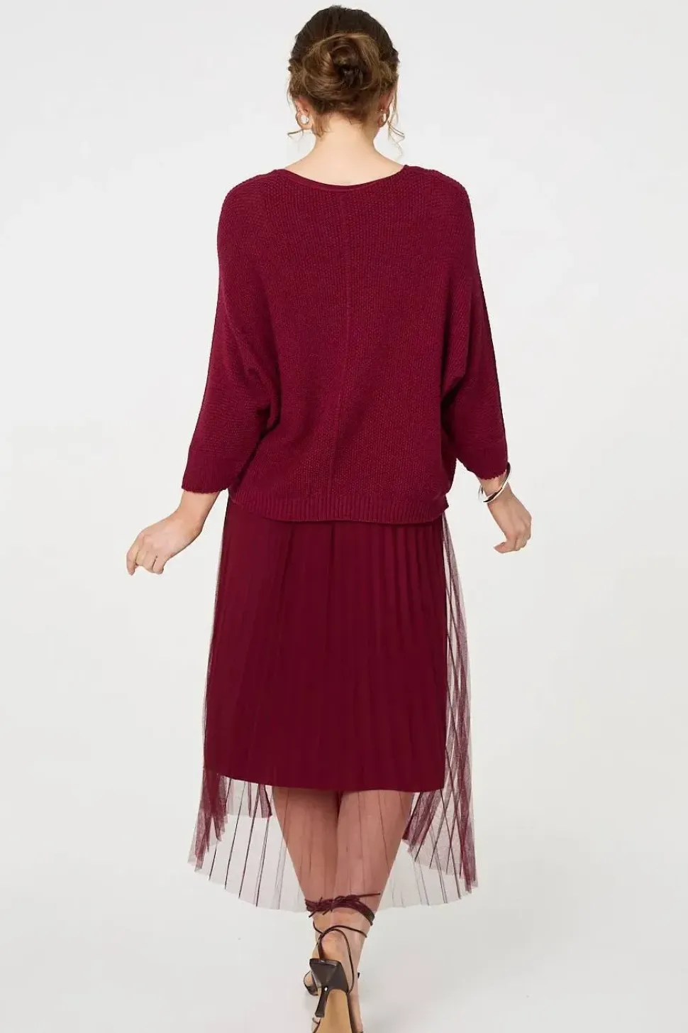 Layered Knit Top Mesh Pleated Midi Dress